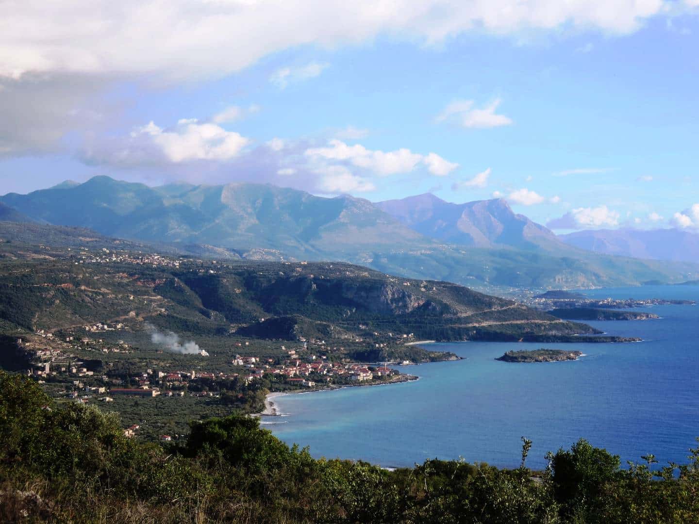 Kardamili bay with village and beaches. Taygetos and coastline in background.